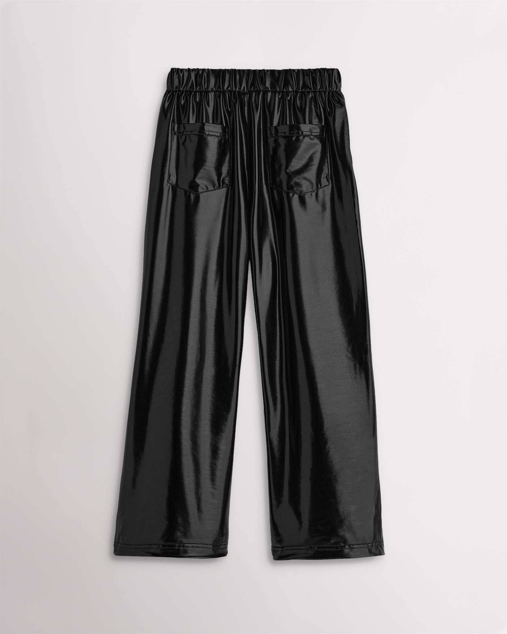 Girls patent black metallic cargo pants with a relaxed fit, elastic waistband, flap pockets, and straight wide-leg silhouette.