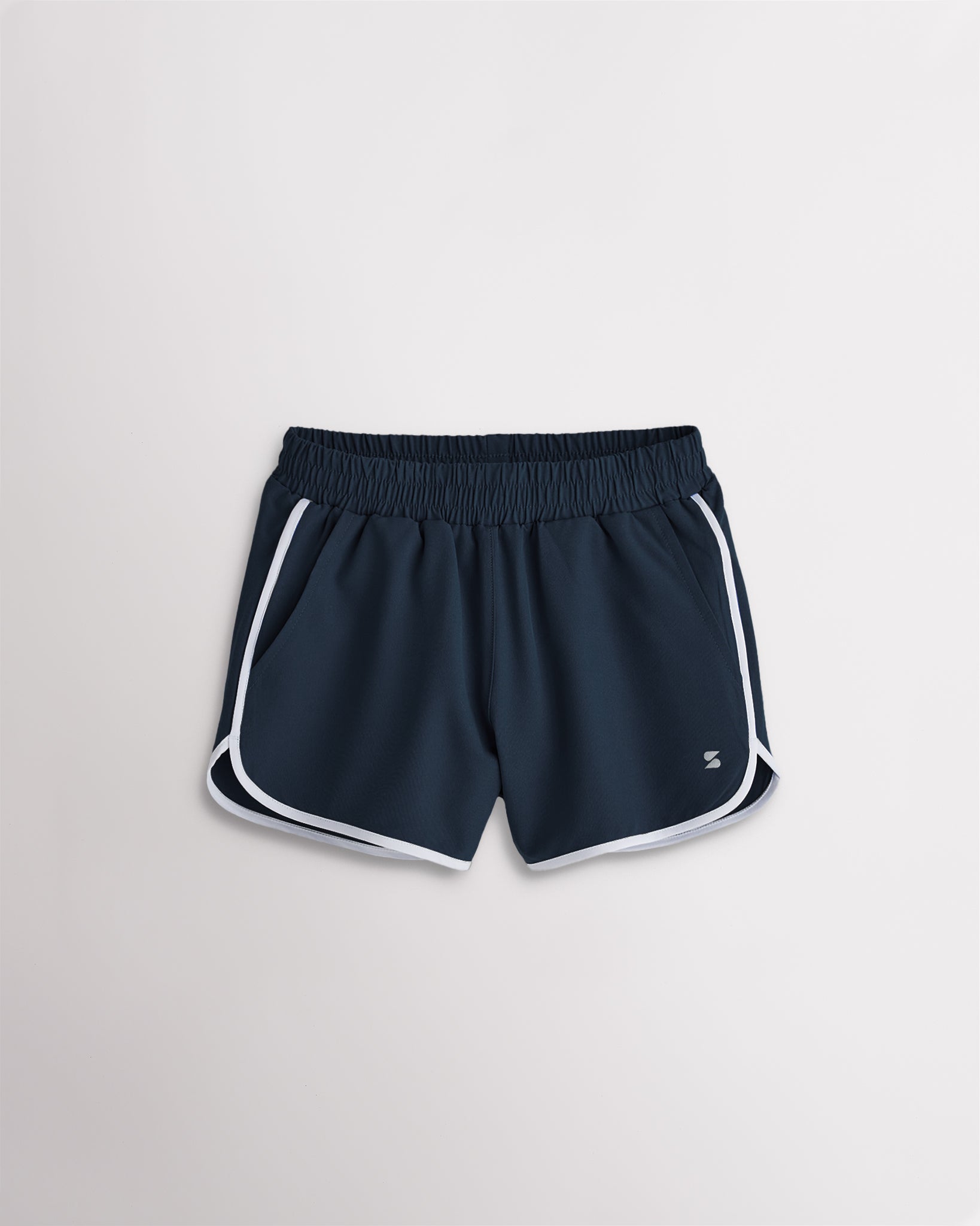 Girls navy athletic shorts with white trim, a stretchy elastic waistband, curved hems, and lightweight sporty design.