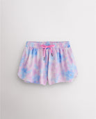 Tie Dye Marshmallow girls flowy shorts with elastic waistband, pink drawstring, and layered 2-in-1 design.