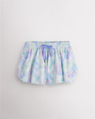 Spring Mist girls flowy shorts with elastic waistband, pink drawstring, and layered 2-in-1 design.