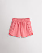 Girls coral athletic running shorts with elastic waistband, curved hem, and lightweight design.