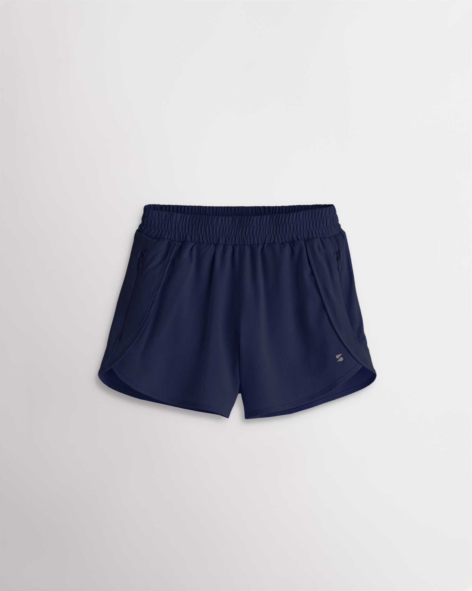 Girls navy athletic running shorts with elastic waistband, curved hem, and lightweight design.