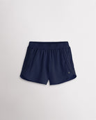 Girls navy athletic running shorts with elastic waistband, curved hem, and lightweight design.