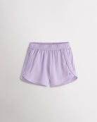 Lavender girls athletic running shorts with a high-rise fit, wide elastic waistband, 3-inch inseam, and curved hems.