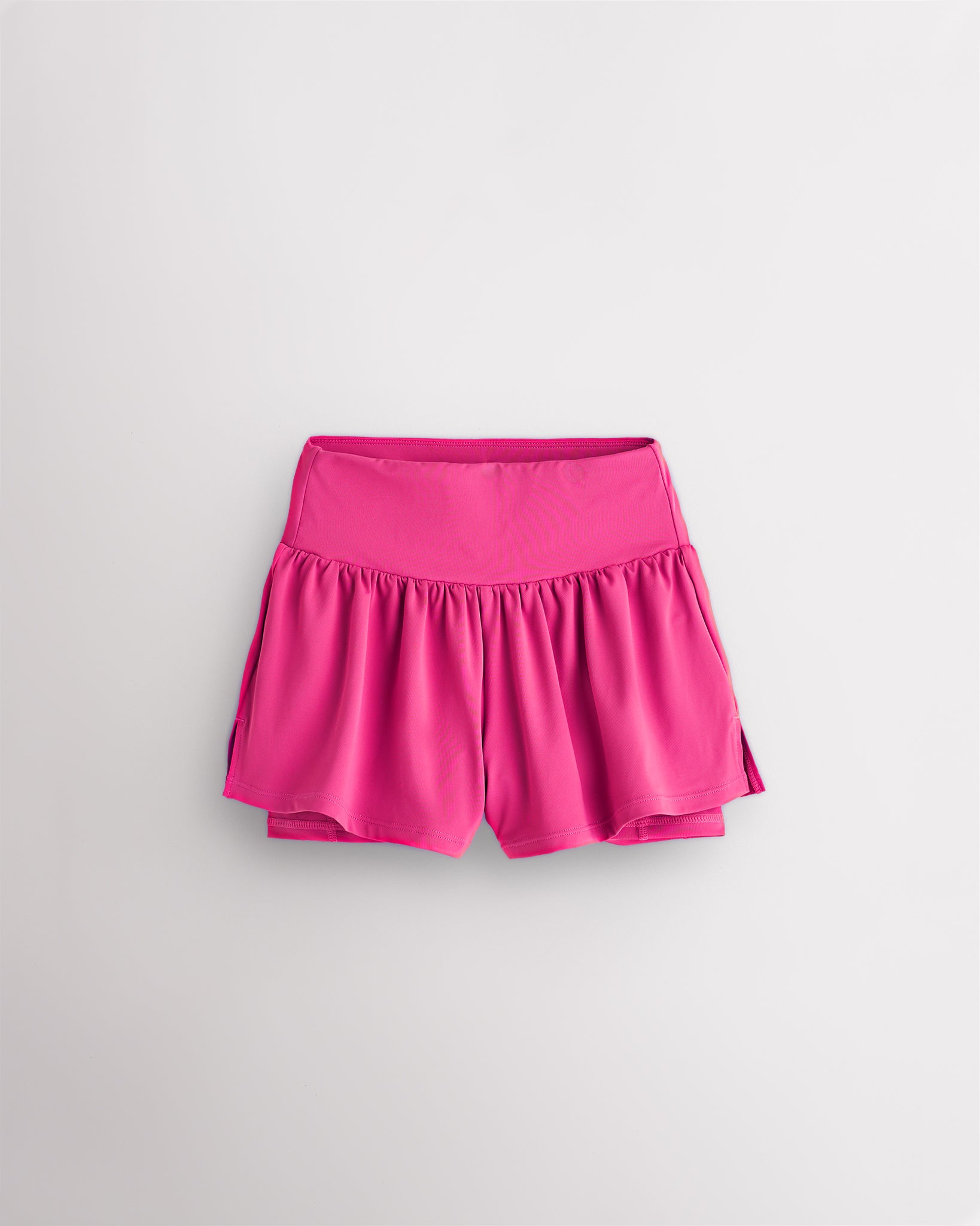 Dreamhouse Pink girls 2-in-1 high waisted shorts with flowy outer layer and built-in liner for comfort and active movement
