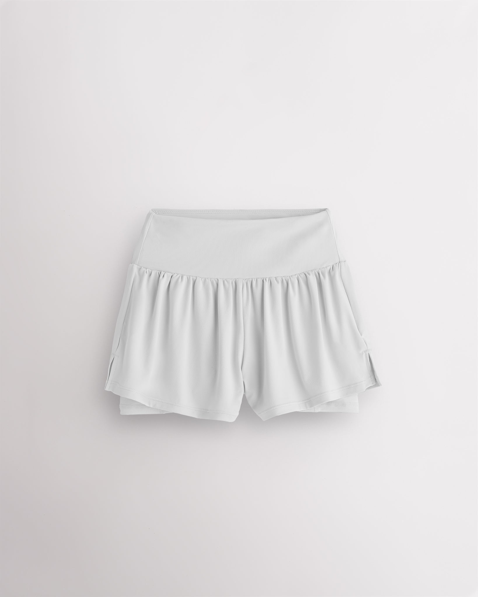White girls 2-in-1 high waisted shorts with flowy outer layer and built-in liner for comfort and active movement
