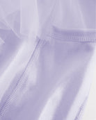 Close-up of lavender skort for girls showing sheer tiered mesh and shiny built-in shorts.