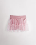 Pink girls layered skort with a high-waisted fit, tiered mesh skirt, and built-in shimmer shorts.