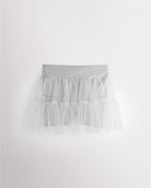 White girls layered skort with a high-waisted fit, tiered mesh skirt, and built-in shimmer shorts.
