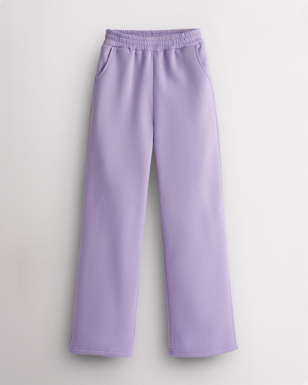 Lavender kids fleece sweatpants with elastic waistband, roomy side pockets, straight-leg fit, and soft fleece lining for school, practice, and everyday wear.
