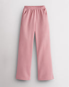 Pink kids fleece sweatpants laid flat with elastic waistband, roomy side pockets, straight-leg fit, and soft fleece lining.
