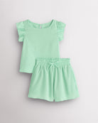  Girls green flutter sleeve summer outfit set with textured top, button-back detail, and matching elastic waist shorts with bow.