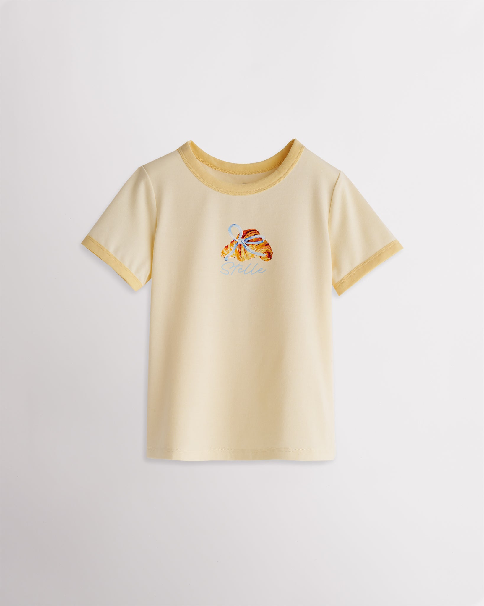 Kids butter retro ringer graphic tee with contrast trim crewneck and croissant print, short sleeve casual kids t-shirt.