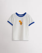Kids white retro ringer graphic tee with blue trim and orange drink graphic, short sleeve kids t-shirt.