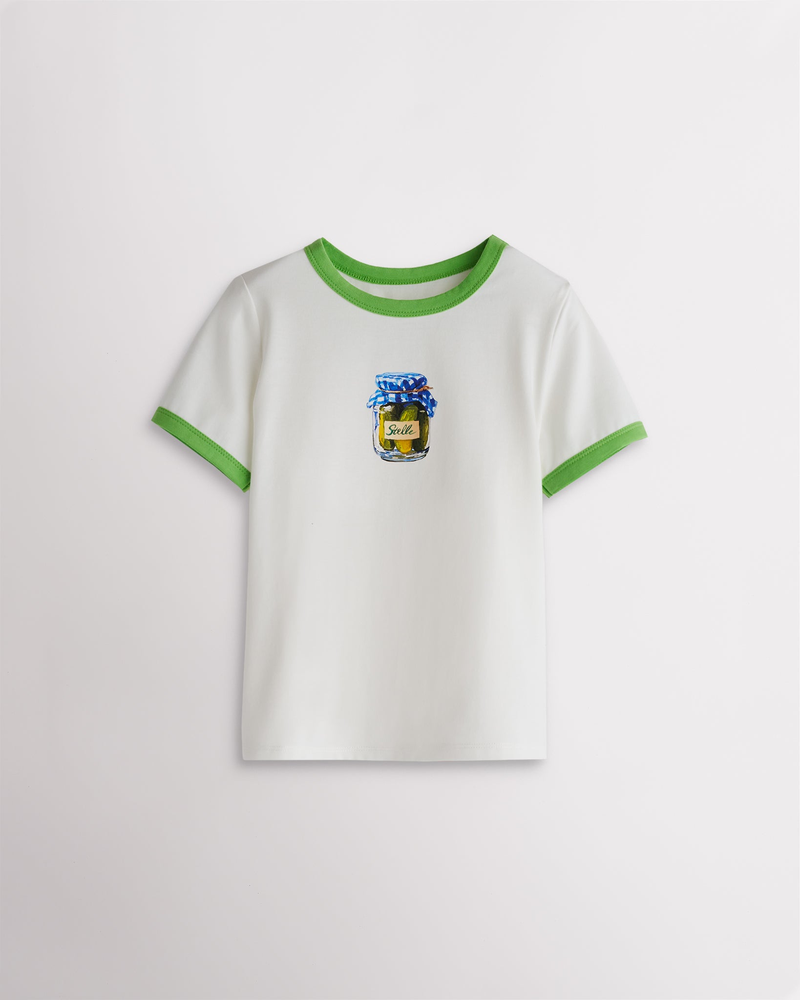 Kids white retro ringer graphic tee with green trim and pickle jar graphic, short sleeve kids t-shirt.