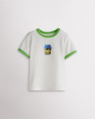 Kids white retro ringer graphic tee with green trim and pickle jar graphic, short sleeve kids t-shirt.