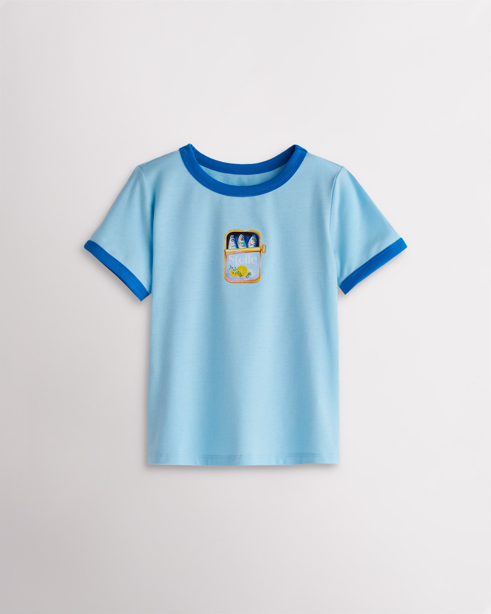 Kids blue retro ringer graphic tee with contrast trim and fish tin graphic, short sleeve casual kids t-shirt.