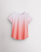 Coral ombre kids athletic T-shirt with short sleeves, crewneck, curved hem, and lightweight quick-drying fabric for sports and school.