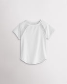 Kids white athletic t-shirt with mesh paneling and raglan sleeves, short sleeve breathable kids sports tee.
