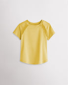 Kids yellow athletic t-shirt with mesh paneling and raglan sleeves, short sleeve breathable kids sports tee.
