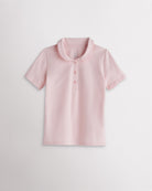 Girls light pink short sleeve pique polo shirt with a Peter Pan collar, scalloped trim, front button placket, and regular fit.