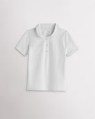 Girls white short sleeve pique polo shirt with a Peter Pan collar, scalloped trim, front button placket, and regular fit.