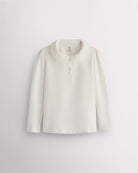 White girls Peter Pan collar long sleeve top with lace trim, subtle puffed shoulders, and two-button placket.