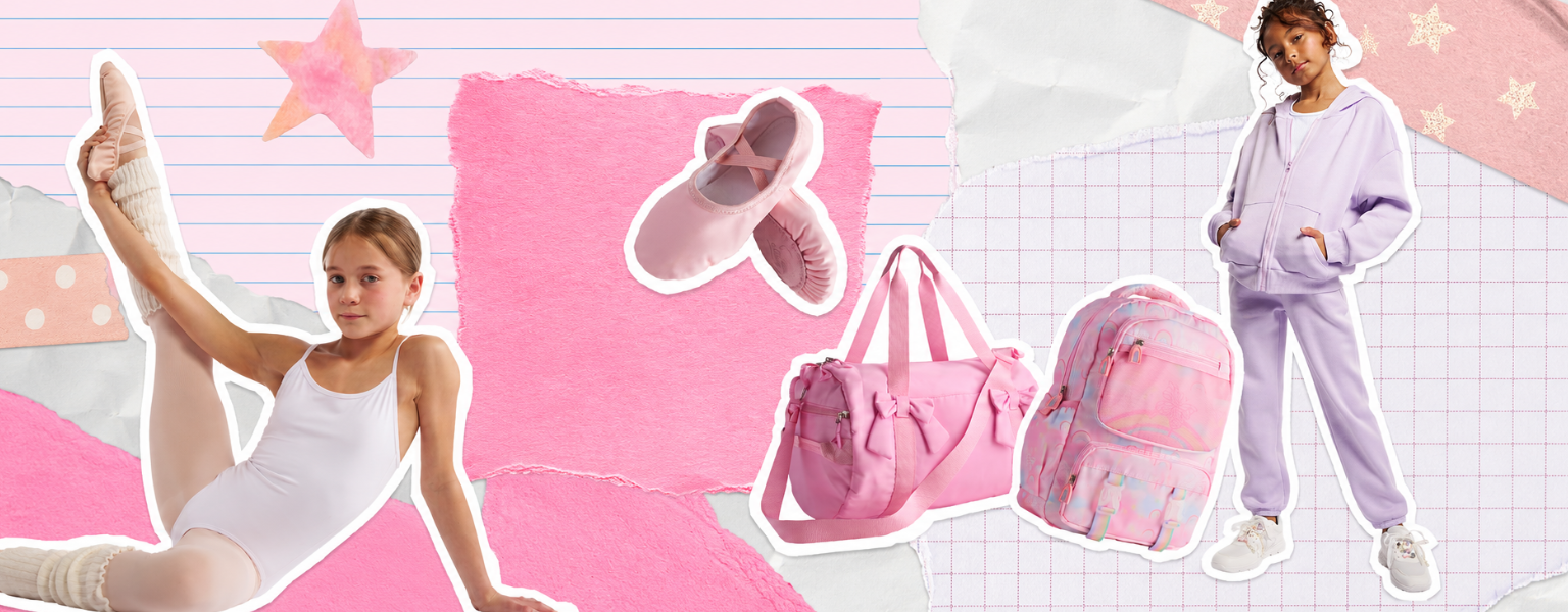 Pastel scrapbook-style collage featuring girls’ back-to-school and dance essentials, including a young dancer, a child in a lavender tracksuit, pink ballet shoes, a duffle bag, and a backpack.