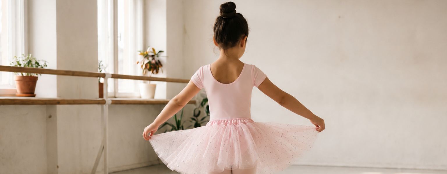 Girl mid twirl in a soft pink tutu skirt in a bright ballet studio