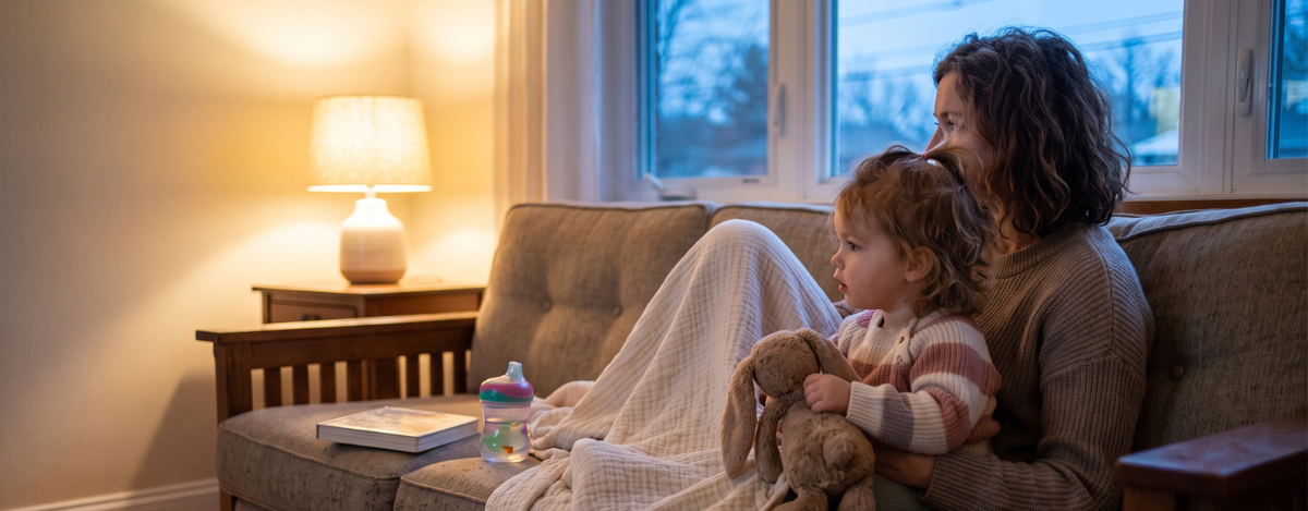 Mother and toddler girl cuddled on the living room sofa for calm co-viewing, the setup that suits low stimulation shows for toddlers