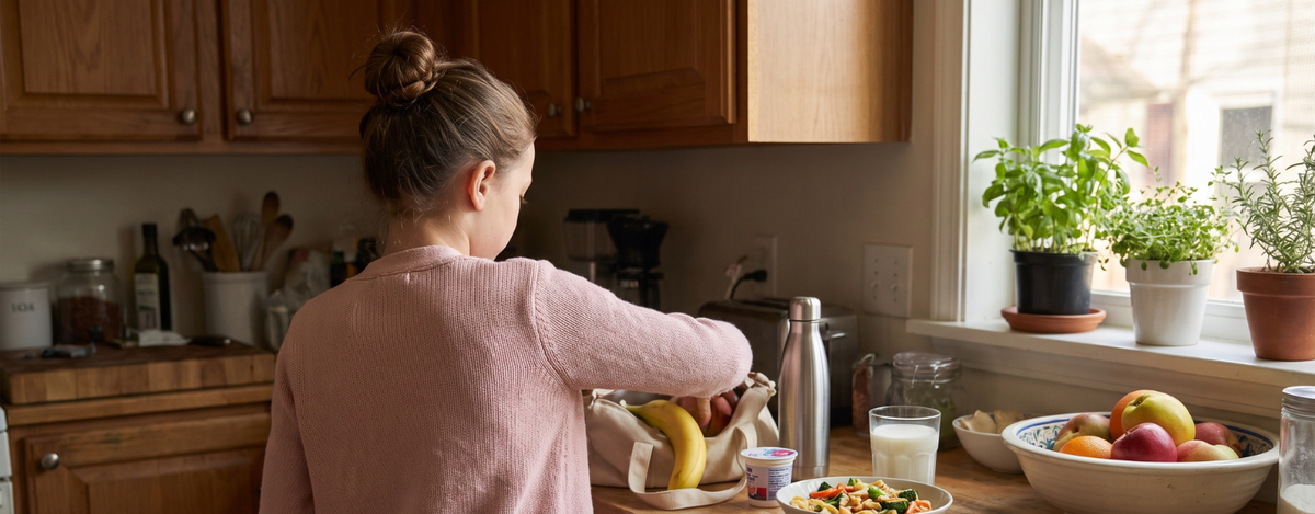 Young dancer packing a water bottle and plenty of simple balanced food in the kitchen for a full day of ballet fueling