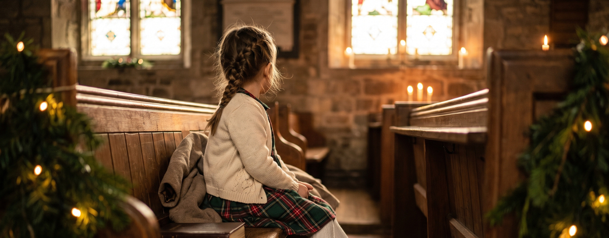Toddler girl in a red velvet Christmas dress and white tights reaching for an ornament on the family tree at home