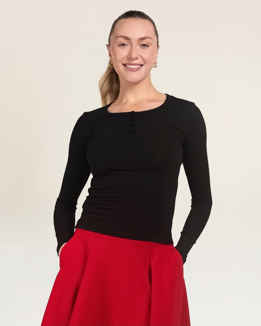 Black Long-Sleeve Ribbed Knit Henley | Slim Fit Top