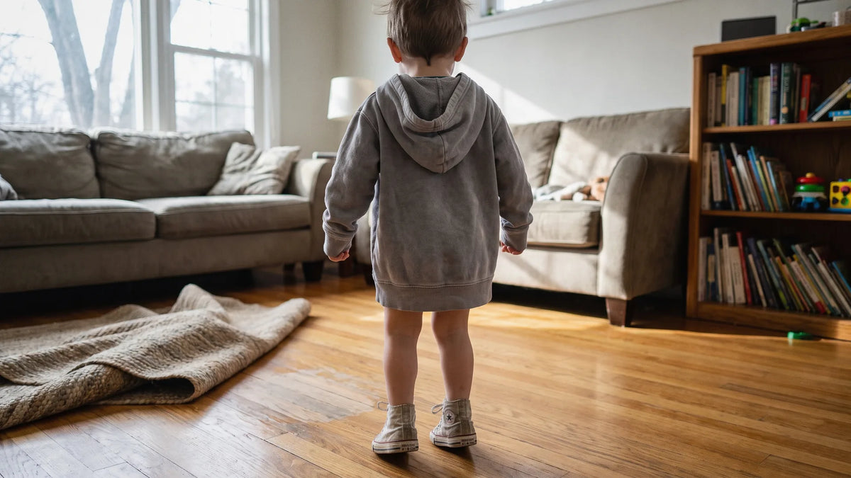 Kid practicing hip hop dance moves at home, seen from behind in a living room