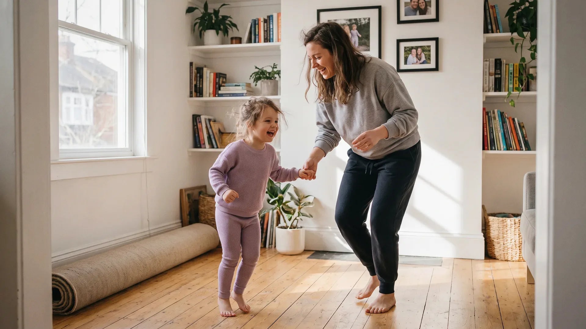 Parent and child learning how to dance together at home