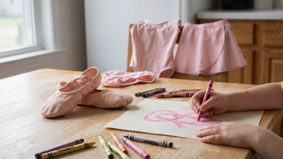 Child learning how to draw ballet shoes with real slippers as reference