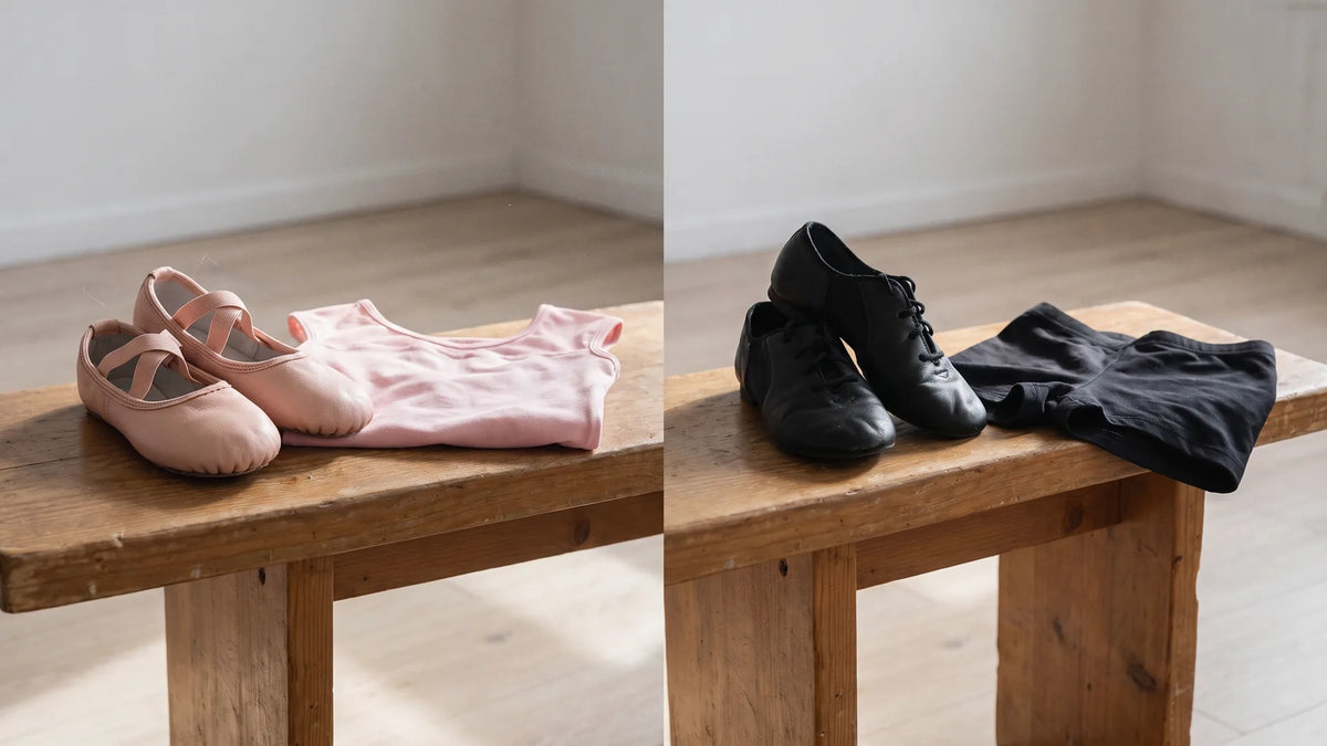 Jazz vs ballet: jazz shoes and ballet slippers with practice wear side by side