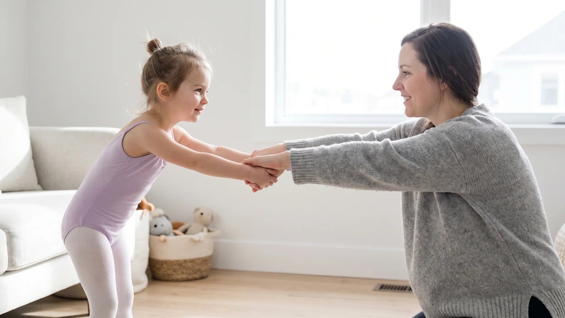 Parent and child stretching together at home, part of a safe kids' routine