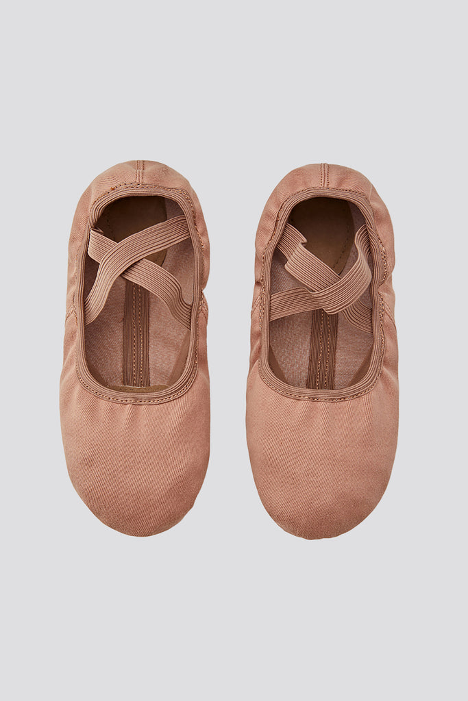 Tan split sole canvas ballet shoes front view