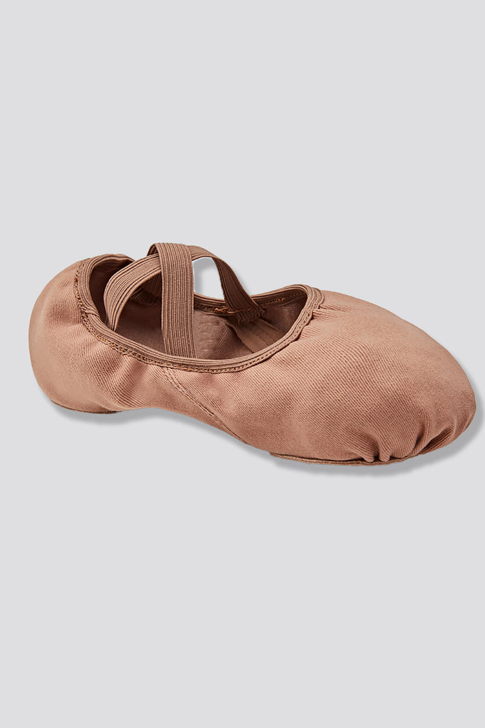 Tan stretch canvas ballet shoes side view