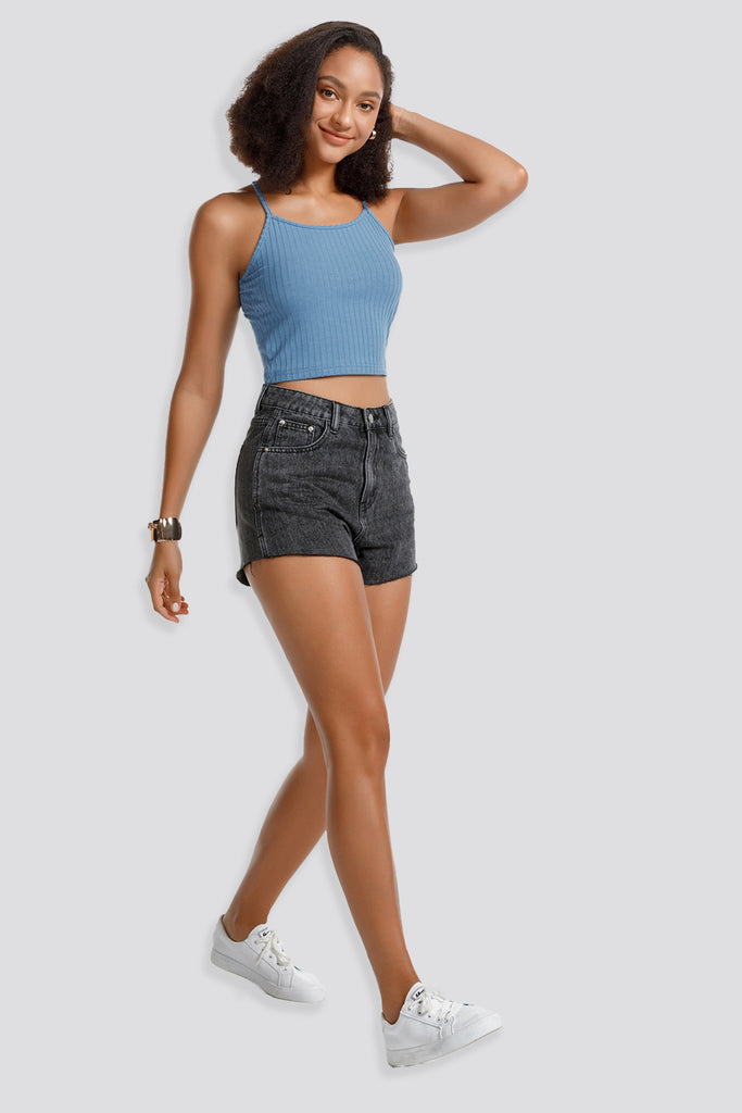 ribbed knit crop top blue front