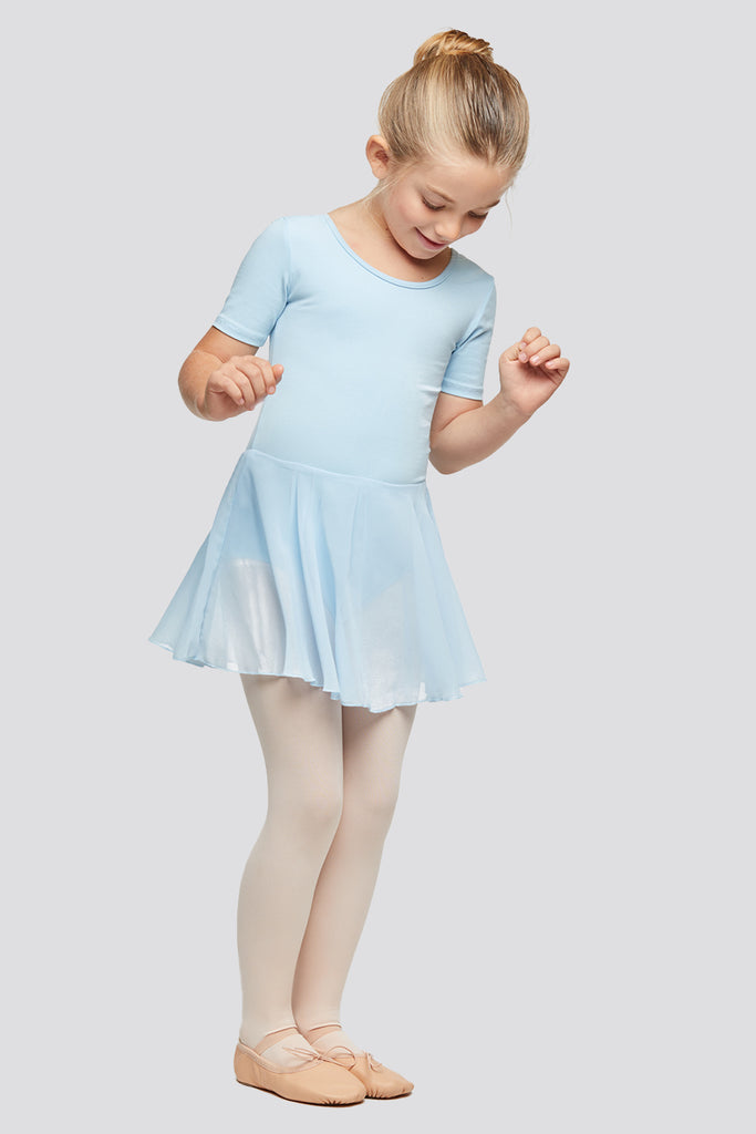 short sleeve leotard with skirt blue front view