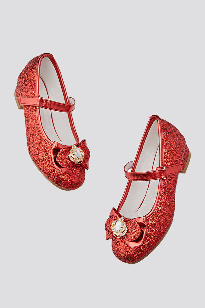 Glitter Mary Jane Shoes with Bow red front