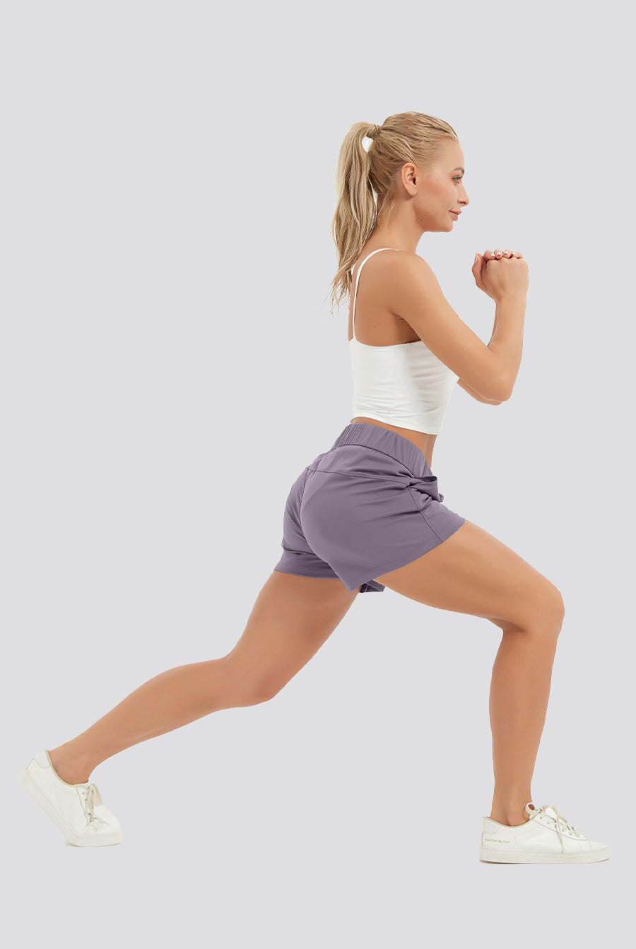 running shorts with phone pocket Grayish Purple side view
