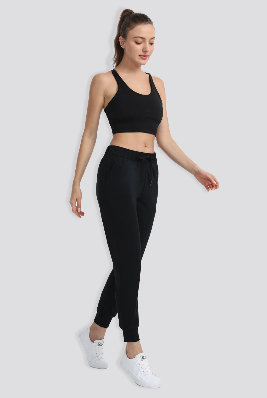 high waisted joggers Black front view