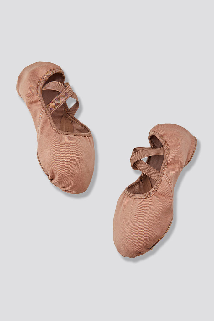 Tan split sole canvas ballet shoes side view