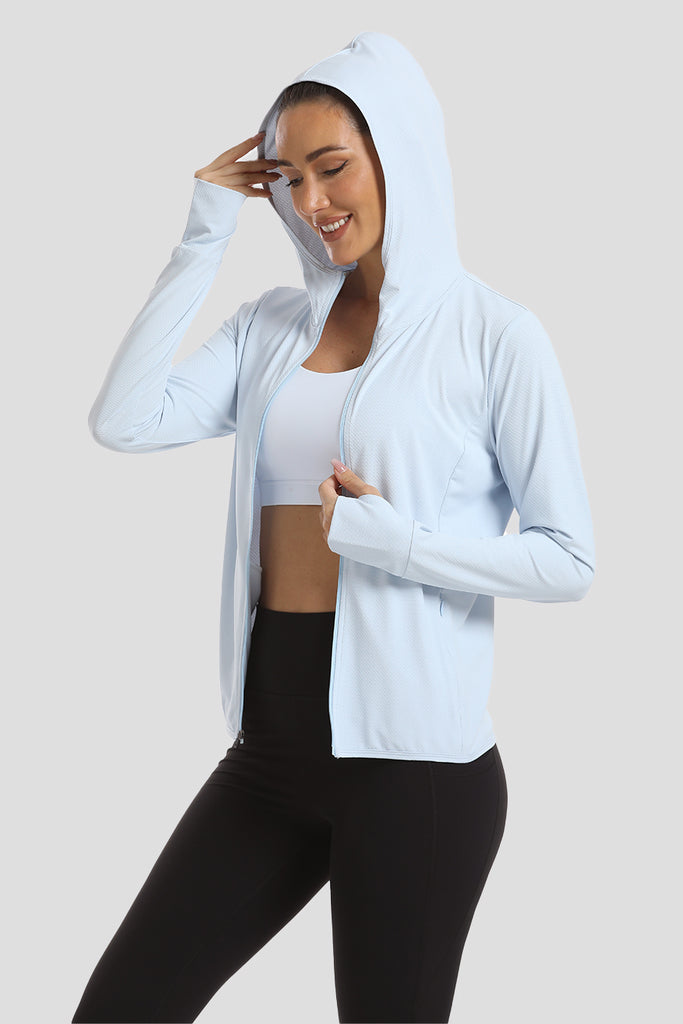 sun protection hoodie Light Blue front view